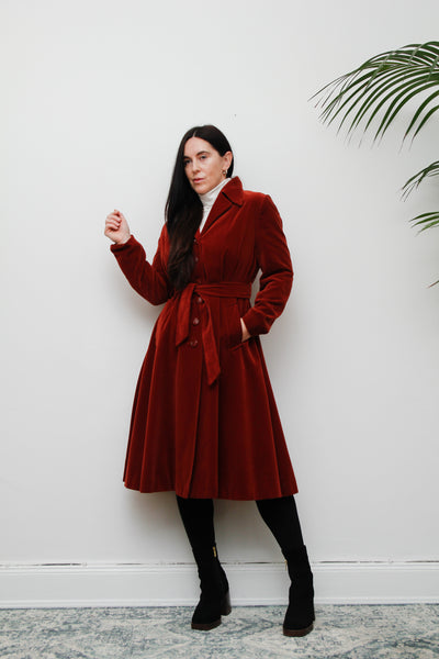 1970's Burnt Red Velvet Belted Trench Coat