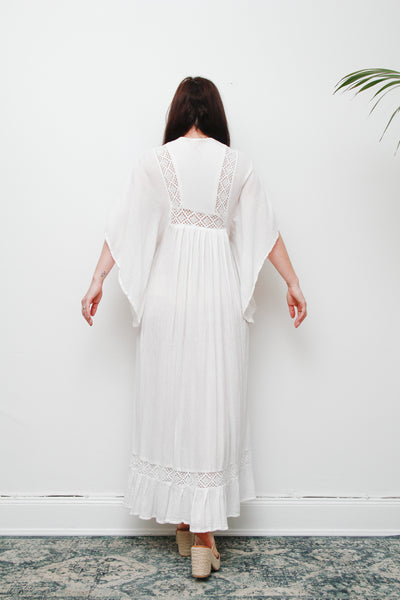 Vintage Cream Cotton Gauze Maxi Dress | Boho Lace Flounce Dress with Dramatic Sleeves – Ethereal 100% Cotton Gown