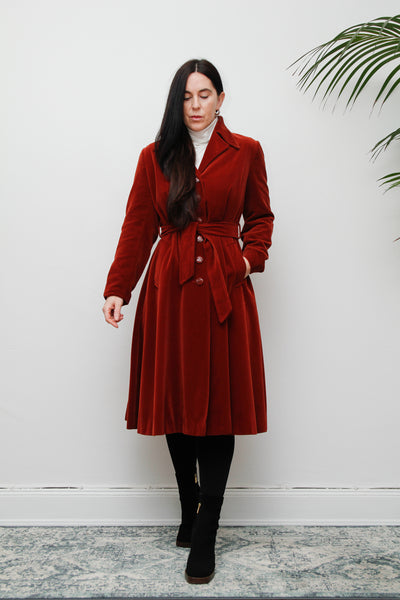 1970's Burnt Red Velvet Belted Trench Coat