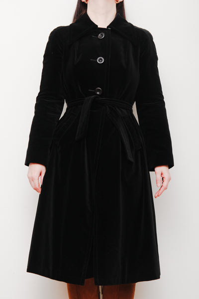 1970's Black Velvet Belted Trench Coat