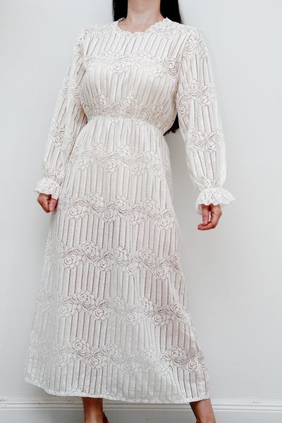 1970's Floral Lace Off White Dress