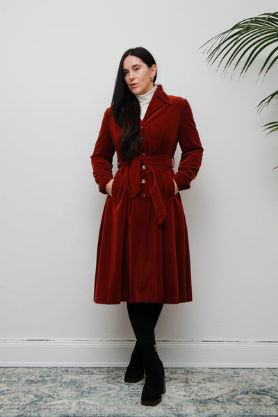 1970's Burnt Red Velvet Belted Trench Coat