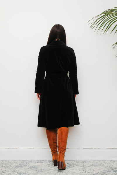 1970's Black Velvet Belted Trench Coat