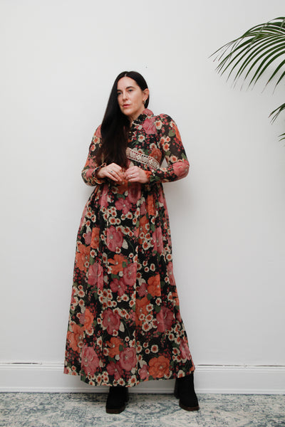 Vintage Floral Cotton Sheer Frilled Maxi Dress