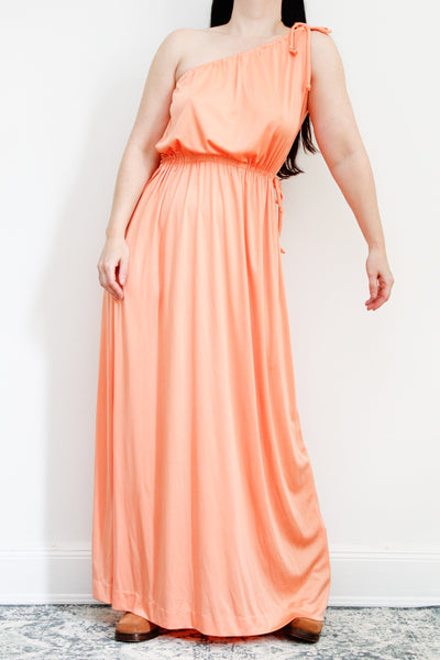 1970's Grecian One Shoulder Peach Maxi Dress