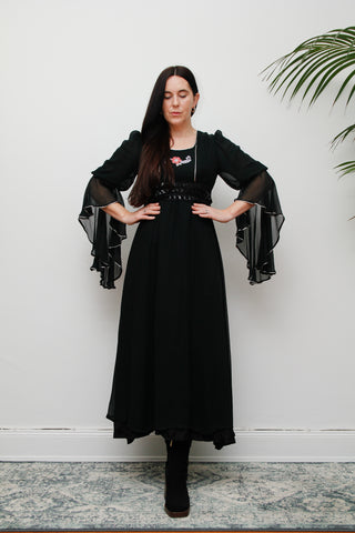 1970's Black Floral Kaftan Waterfall Sleeve Maxi Dress