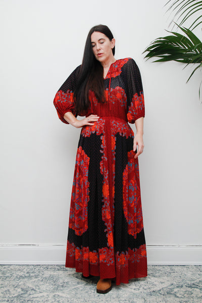 Vintage 1970's Decorative Floral Billowing Maxi Dress