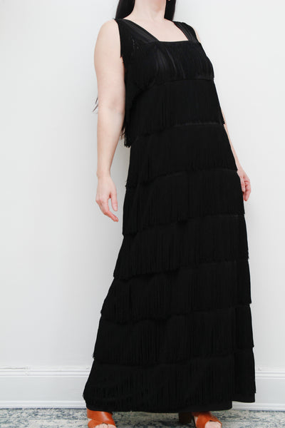 Vintage Fringe Tassel Black Maxi Dress