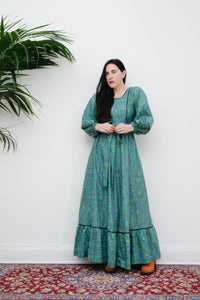 Vintage Floral Green Mutton Sleeve Prairie Cotton Maxi
