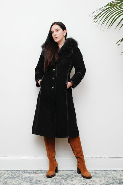 70's Black Fox Fur Suede Trench Coat