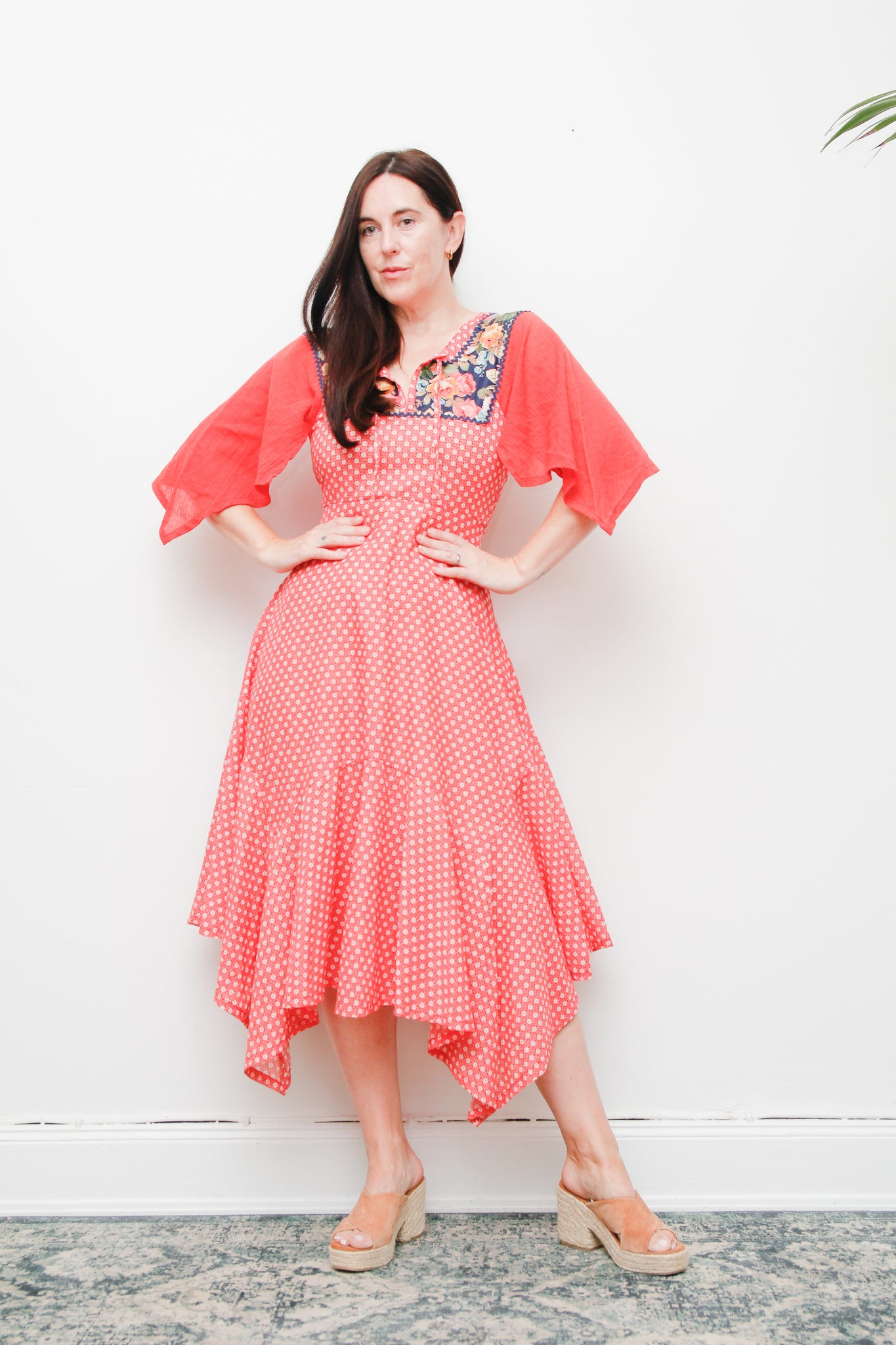 1970s Vintage Patchwork Floral Dress | Boho Handkerchief Hem Cotton Maxi – Red & White with Gauze Kaftan Sleeves