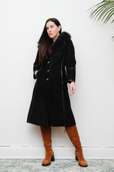 70's Black Fox Fur Suede Trench Coat