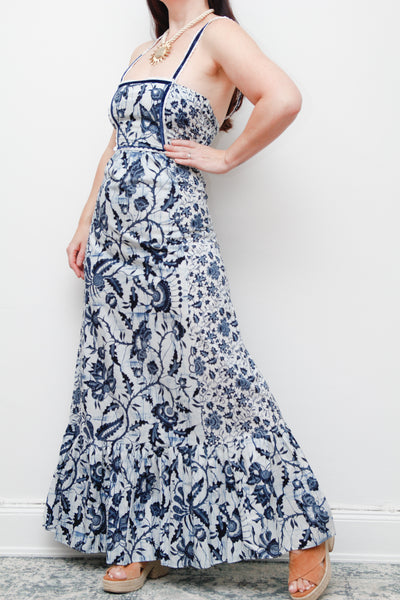 Vintage 1970s Blue & White Floral Cotton Maxi Dress – Bohemian Summer Style