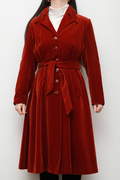 1970's Burnt Red Velvet Belted Trench Coat