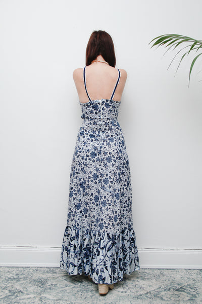 Vintage 1970s Blue & White Floral Cotton Maxi Dress – Bohemian Summer Style