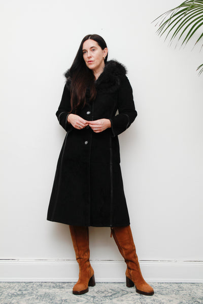 70's Black Fox Fur Suede Trench Coat