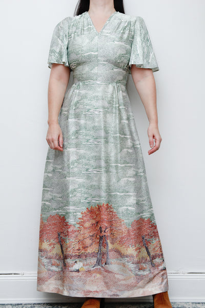 Vintage Autumnal Scenic Kaftan Maxi Dress