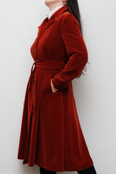 1970's Burnt Red Velvet Belted Trench Coat