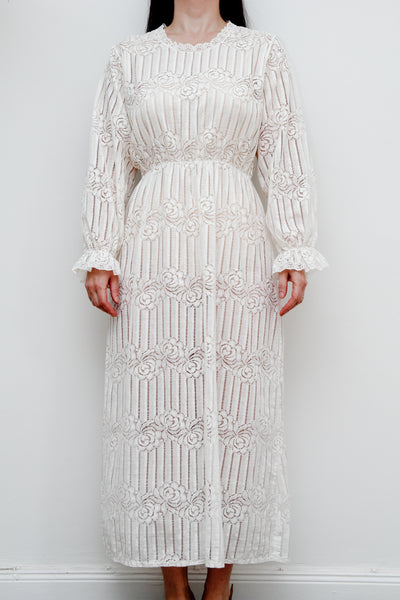 1970's Floral Lace Off White Dress