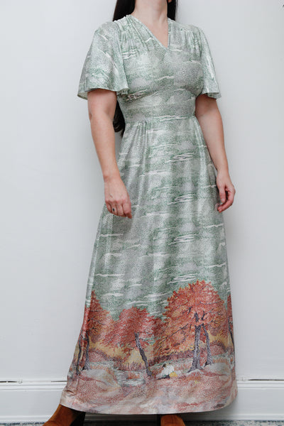 Vintage Autumnal Scenic Kaftan Maxi Dress