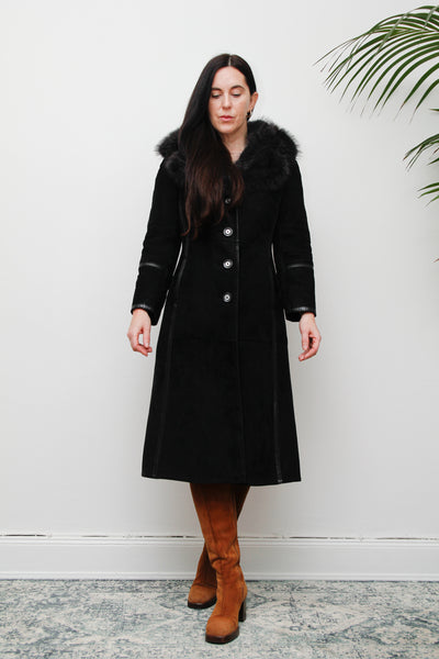 70's Black Fox Fur Suede Trench Coat