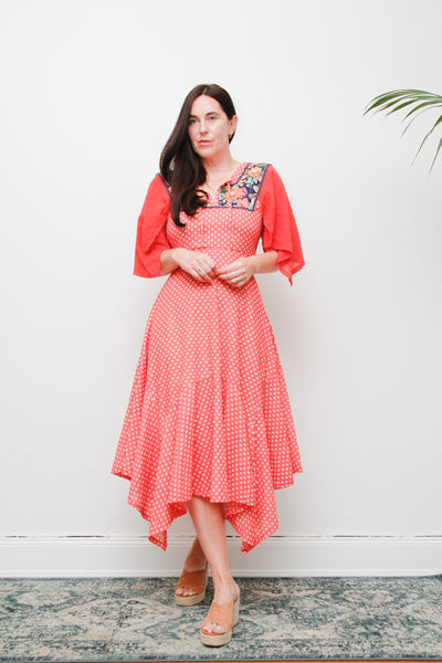 1970s Vintage Patchwork Floral Dress | Boho Handkerchief Hem Cotton Maxi – Red & White with Gauze Kaftan Sleeves