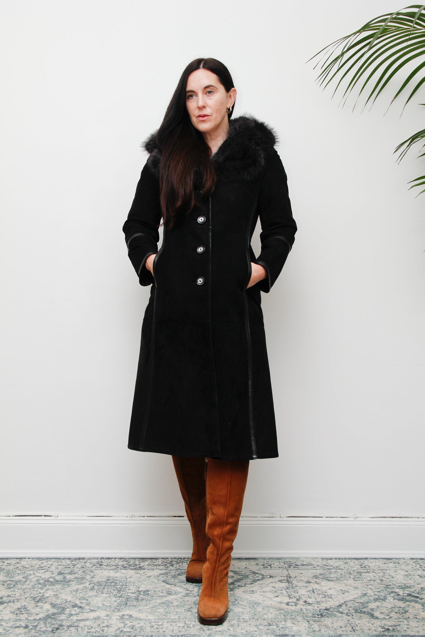 70's Black Fox Fur Suede Trench Coat