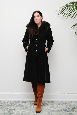 70's Black Fox Fur Suede Trench Coat