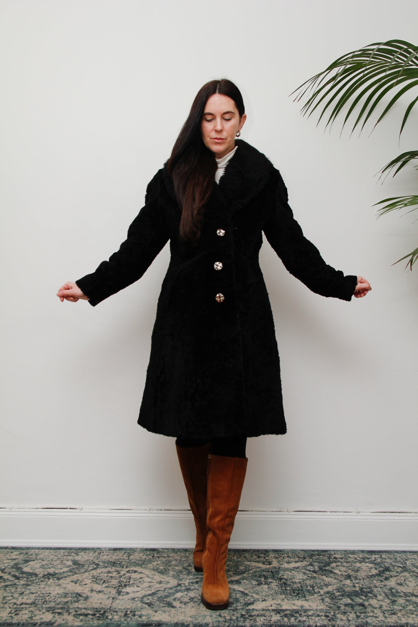 70's Black Shearling Lamb Fur Sheepskin Coat