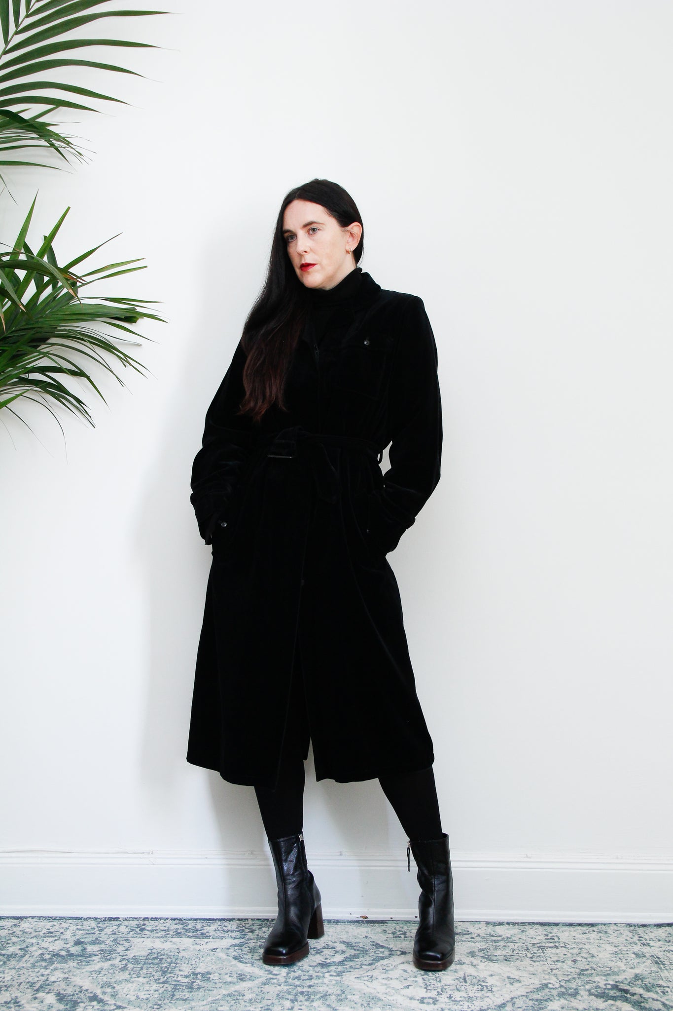 1970's Black Velvet Belted Trench Coat