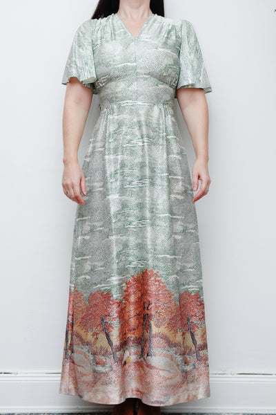 Vintage Autumnal Scenic Kaftan Maxi Dress