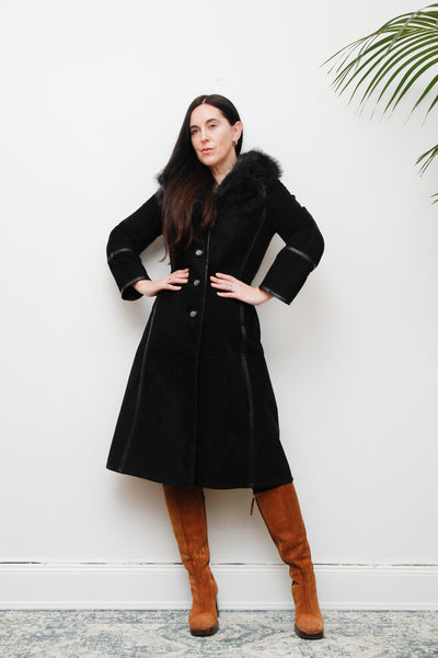 70's Black Fox Fur Suede Trench Coat