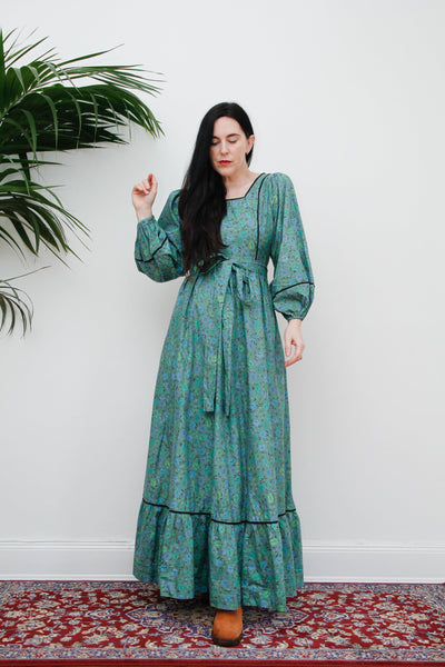 Vintage Floral Green Mutton Sleeve Prairie Cotton Maxi