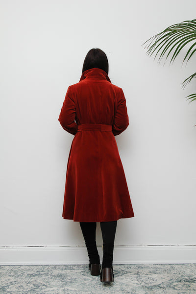 1970's Burnt Red Velvet Belted Trench Coat