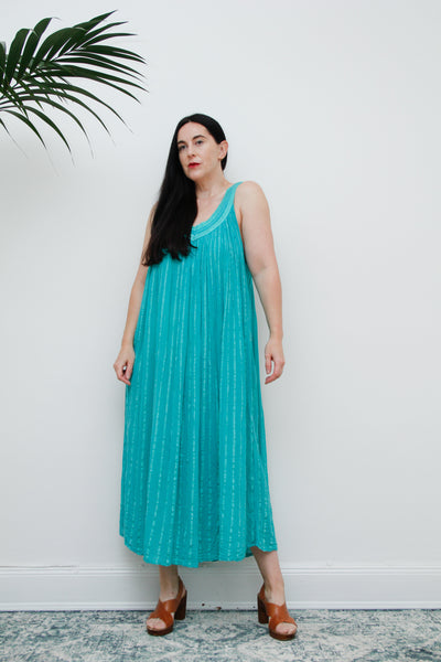 1970's Turquoise Green Crinkle Cotton Grecian Cotton Smock Dress