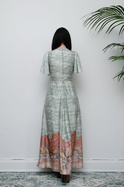 Vintage Autumnal Scenic Kaftan Maxi Dress