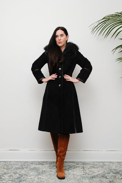 70's Black Fox Fur Suede Trench Coat