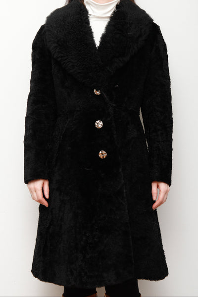 70's Black Shearling Lamb Fur Sheepskin Coat