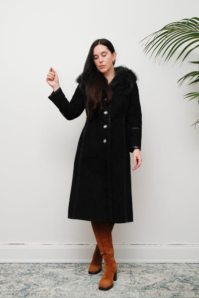 70's Black Fox Fur Suede Trench Coat