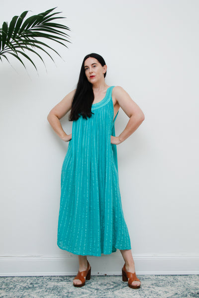 1970's Turquoise Green Crinkle Cotton Grecian Cotton Smock Dress