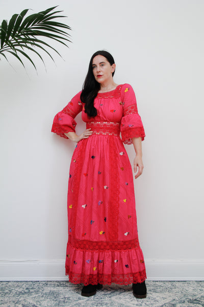 1970's Pink Floral Cotton Lace Mexican Kaftan Dress