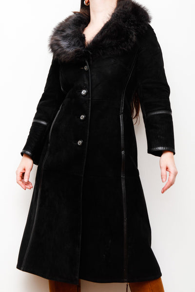 70's Black Fox Fur Suede Trench Coat