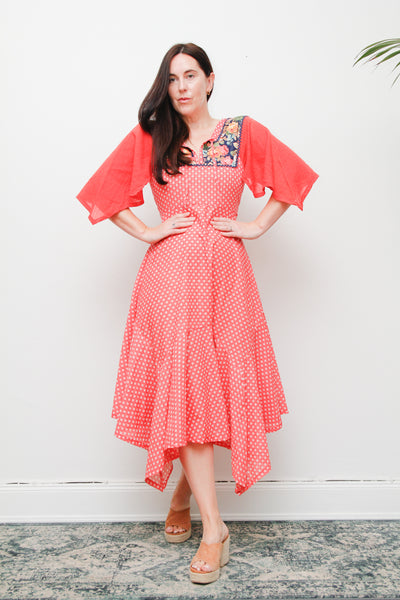 1970s Vintage Patchwork Floral Dress | Boho Handkerchief Hem Cotton Maxi – Red & White with Gauze Kaftan Sleeves