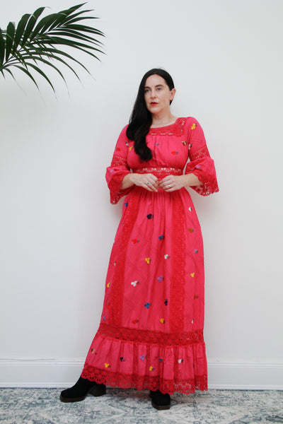 1970's Pink Floral Cotton Lace Mexican Kaftan Dress