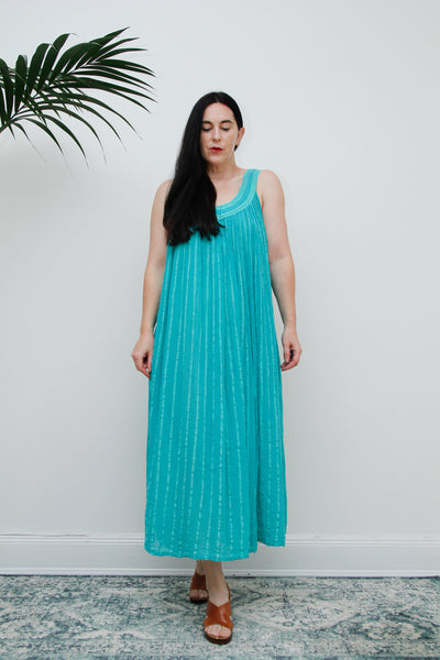 1970's Turquoise Green Crinkle Cotton Grecian Cotton Smock Dress