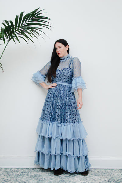 Vintage Floral Lace Blue Frilly Victorian Maxi Dress