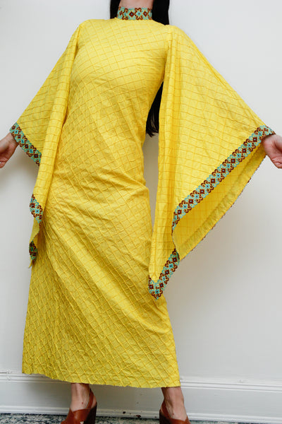 1970's Yellow Cotton Lace Mexican Kaftan Wizard Sleeve Dress