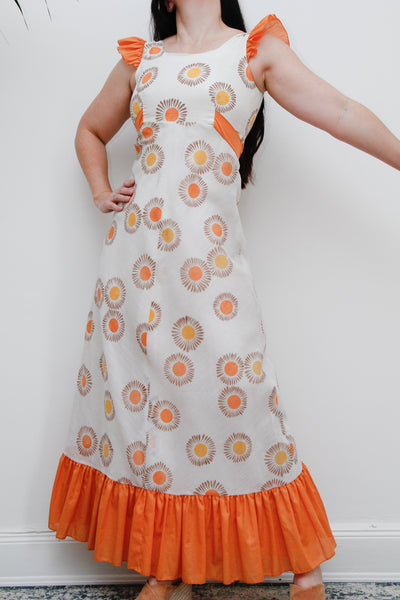 1970's Floral Apron Pinafore Cotton Maxi Dress