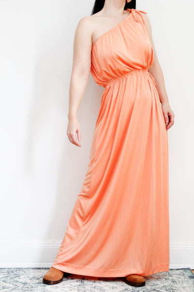 1970's Grecian One Shoulder Peach Maxi Dress