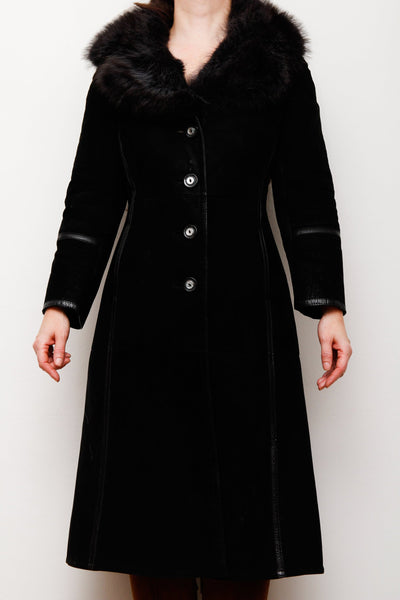 70's Black Fox Fur Suede Trench Coat